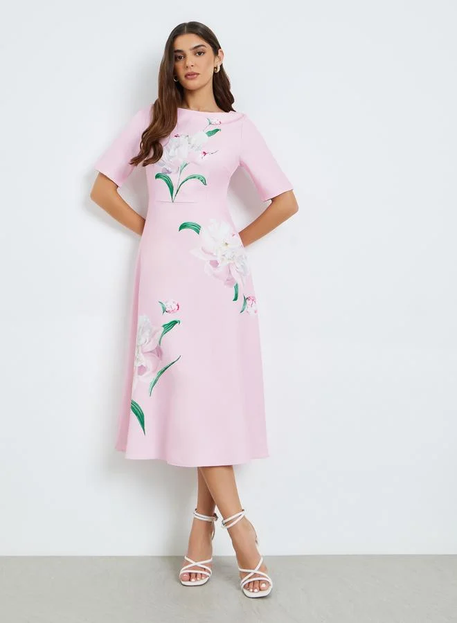 Styli Women Pink Floral Print A-Line Midi Dress